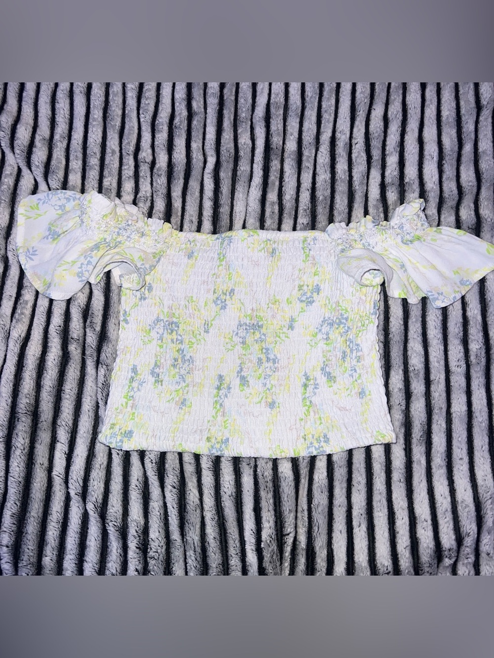 Forever 21 Floral Off-Shoulder Smocked Crop Top - White/Light Blue/Green